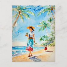Mulher na pintura em aquarela da praia do Havaí, V