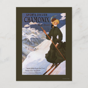 Cartão Postal Mulher na Poster de Esqui Verde