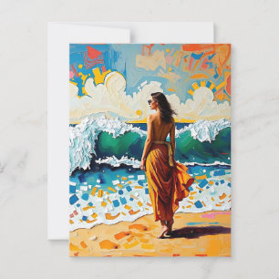 Cartão Postal Mulher na Praia Abstrato na Arte Costeira