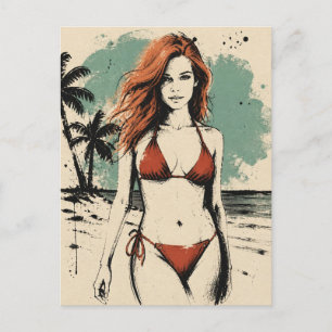 Cartão Postal Mulher na Praia em um Biquíni