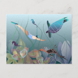 Cartão Postal Mulher nadando submarina com tartaruga