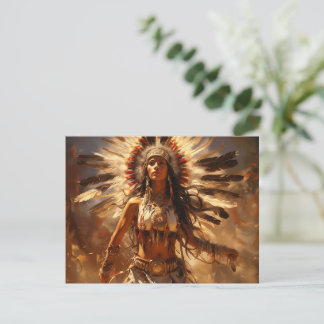 Cartão Postal Mulher Nativa Americana Dançando com Enfeite de Ca