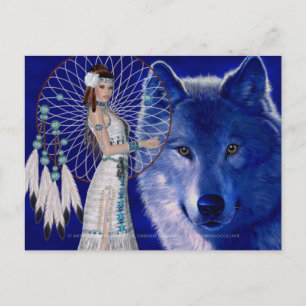 Cartão Postal Mulher Nativa Americana & Desenho de Lobo Azul 2
