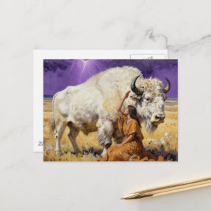Cartão Postal Mulher Nativa Americana e um Bisonte Branco Sagrad