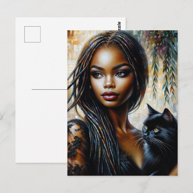 Cartão Postal Mulher Negra Com Arte Negra De Gato (Frente/Verso)
