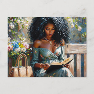 Cartão Postal Mulher Negra Lendo - Arte Floral de Primavera