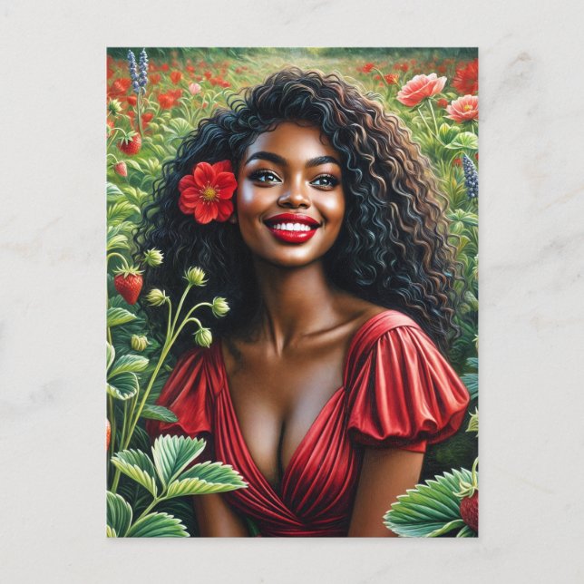 Cartão Postal Mulher Negra Sorridente Na Arte Vermelha De Morang (Frente)