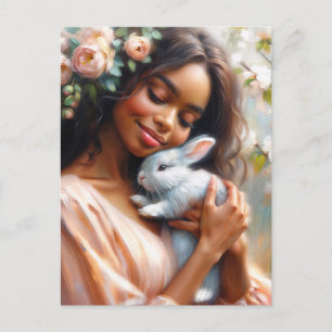 Cartão Postal Mulher Negra Sorrindo Com Flor de Coelho Fofo 