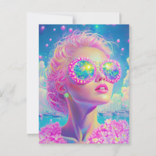 Cartão Postal Mulher Neon Glamorosa com Óculos Espumantes
