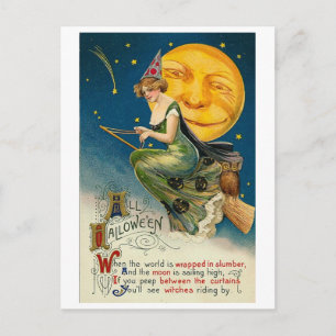 Cartão Postal Mulher no Broomstick no Dia das Bruxas
