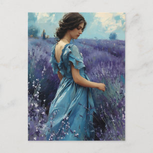Cartão Postal Mulher no campo de lavanda Vintage