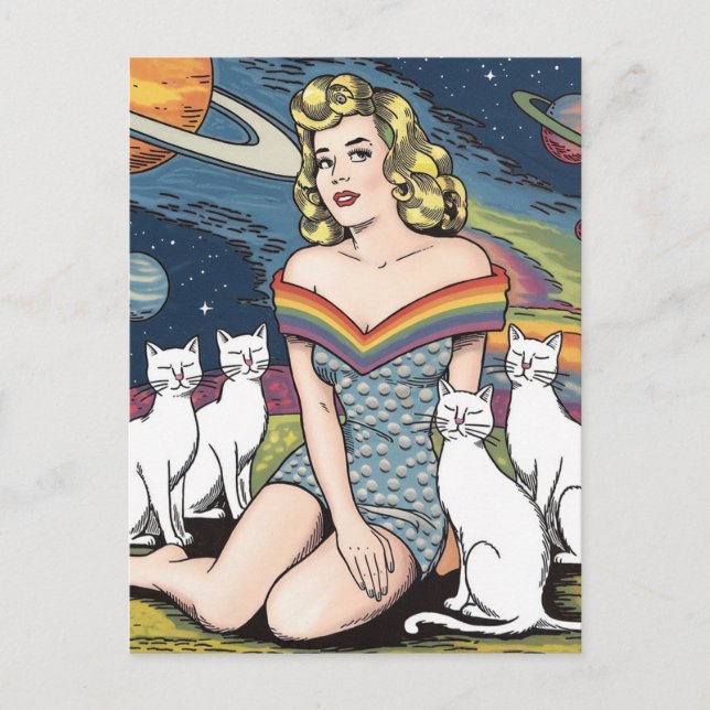 Cartão Postal Mulher no Espaço com Gatos Brancos (Frente)