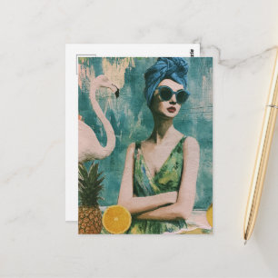 Cartão Postal mulher no verão Colagem de Mídia Mista