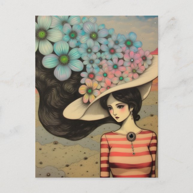 Cartão Postal Mulher num Chapéu Floral (Frente)