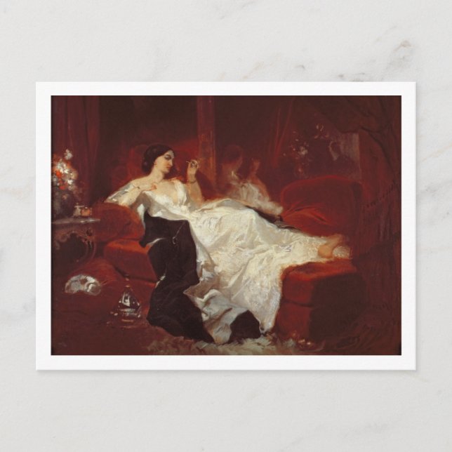 Cartão Postal Mulher num sofá vermelho (Frente)