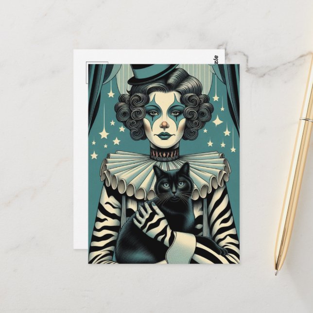 Cartão Postal Mulher-Palhaçada e gato-preto (Frente/Verso In Situ)