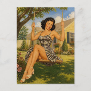 Cartão Postal Mulher Pin-Up Vintage dos Anos 1950 em um Balanço 