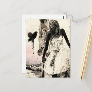 Cartão Postal Mulher Preto Branco com colagem surreal de cogumel