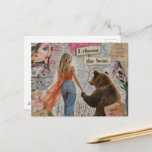 Cartão Postal Mulher Que Escolhe O Urso colagem de mídia mista