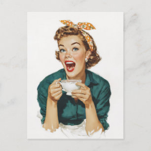 Cartão Postal Mulher Retro Alegre Desfrutando Café