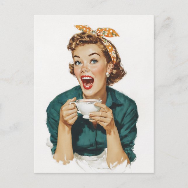 Cartão Postal Mulher Retro Alegre Desfrutando Café (Frente)
