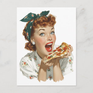 Cartão Postal Mulher Retro Apreciando Fatia de Pizza