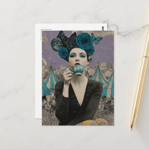 Cartão Postal Mulher Retro Bebe Chá no Circo