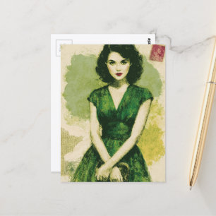 Cartão Postal Mulher Retro Bonita em Colagem de Vestido Verde