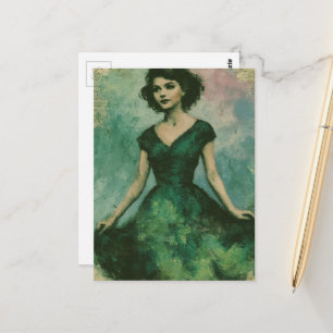 Cartão Postal Mulher Retro Bonita em um Vestido Verde