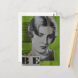 Cartão Postal Mulher Retro em Colagem de Mídia Mista Verde