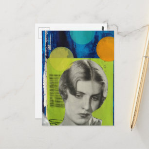 Cartão Postal Mulher Retro em Colagem de Mídia Mista Verde e Azu