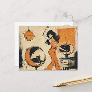 Cartão Postal Mulher Retro em Laranja Dança Com Gato Preto