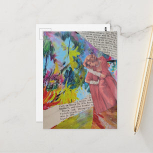 Cartão Postal Mulher Retro em uma Colagem de Vestido Vermelho