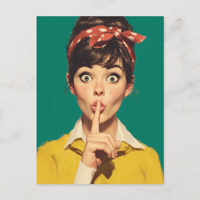 Cartão Postal Mulher Retro Fazendo um Shh (Frente)