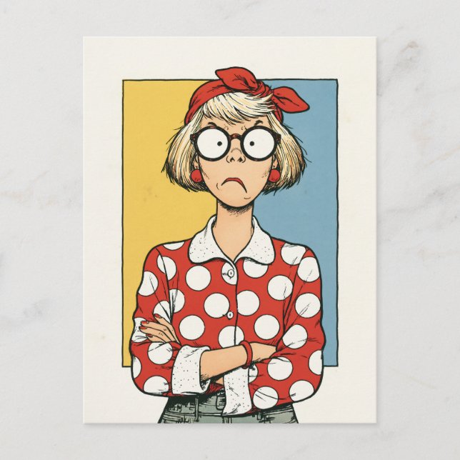 Cartão Postal Mulher Retro Mal-Humorada com Bolinhas (Frente)