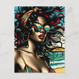 Cartão Postal Mulher Retro na Praia Estilo Cômico Pop Art