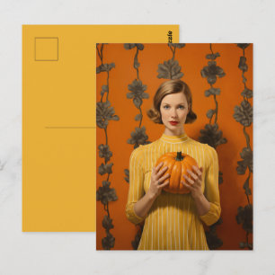 Cartão Postal Mulher Retro Segurando Pumpkin