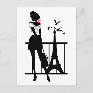 Cartão Postal Mulher retrô silhueta vermelho preto com Torre Eif