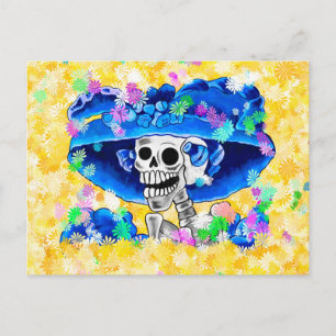 Cartão Postal Mulher Rindo de Skeleton em Blue Bonnet em amarelo