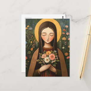 Cartão Postal Mulher Santa Deslumbrante Com Flores
