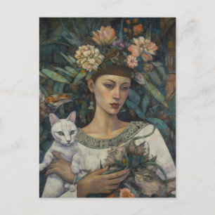 Cartão Postal Mulher Segurando Gatos Flores Tropicais