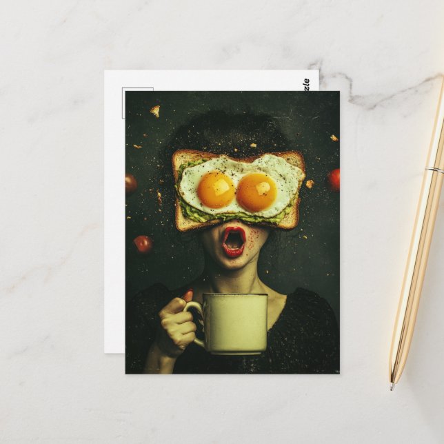 Cartão Postal Mulher surreal do café da manhã com Tomatos Voador (Frente/Verso In Situ)