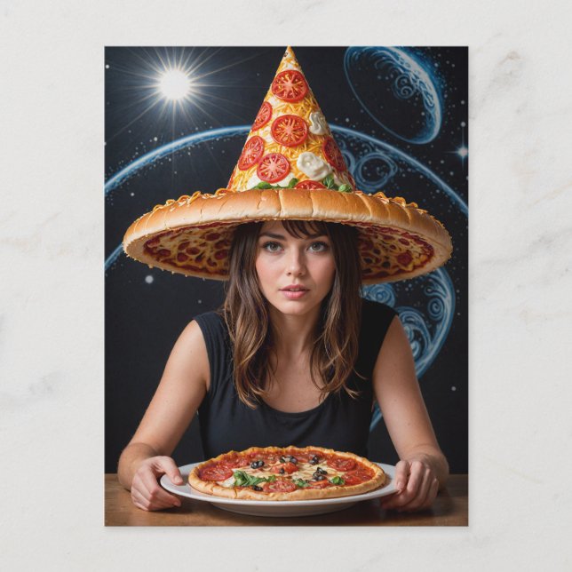 Cartão Postal Mulher Surreal Estranha com Chapéu de Pizza (Frente)