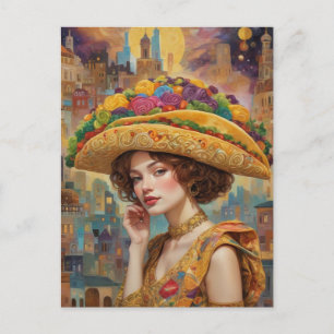 Cartão Postal Mulher Surrealista Com Chapéu de Taco Gigante