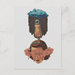 Cartão Postal Mulher Surrealista com Colagem de Nuvem de Chuva