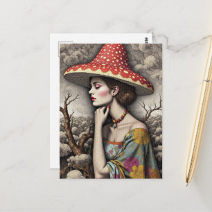 Cartão Postal Mulher Surrealista Com um Chapéu de Cogumelo