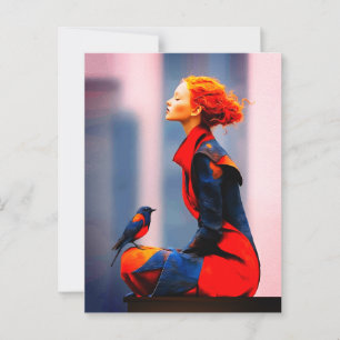 Cartão Postal Mulher Surrealista e Pássaro Elegante Cabelo Verme