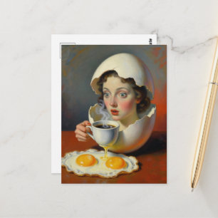 Cartão Postal Mulher Surrealista no Café da Manhã em Ovo Rachado