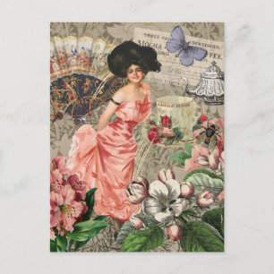 Cartão Postal Mulher Victoriana Café Clássica Rosa