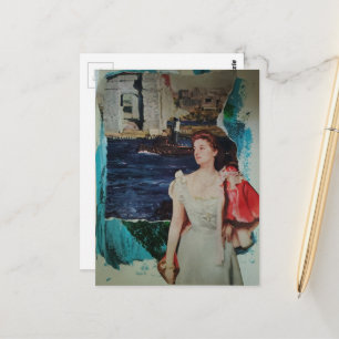 Cartão Postal Mulher Vintage ao Longo da Colagem Mista do Rio
